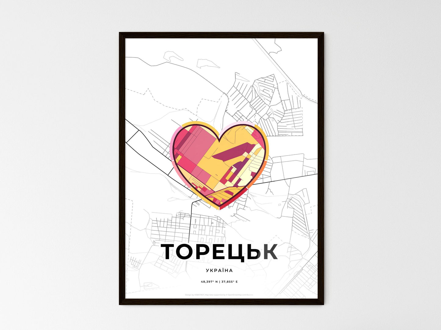 TORETSK UKRAINE minimal art map with a colorful icon. Where it all began, Couple map gift. Style 2