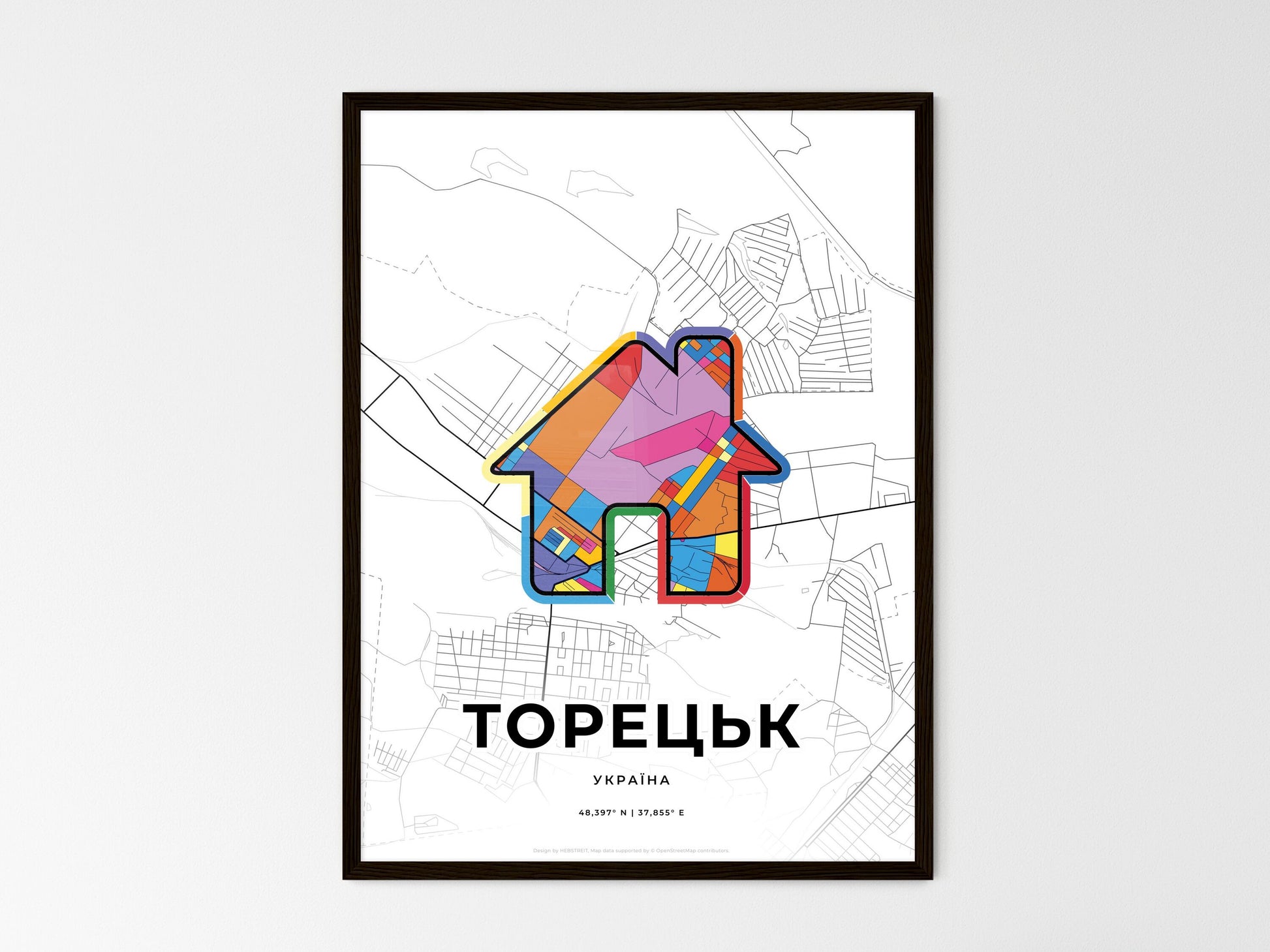 TORETSK UKRAINE minimal art map with a colorful icon. Where it all began, Couple map gift. Style 3