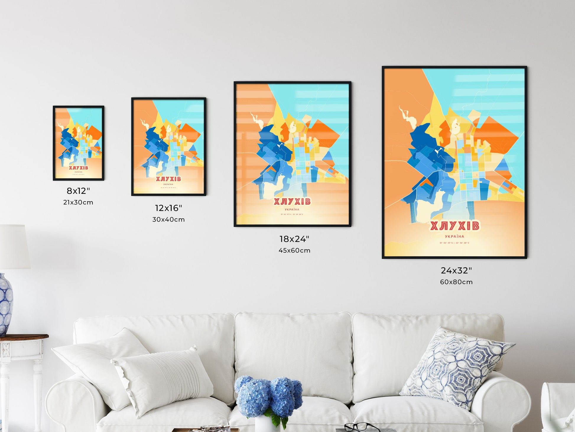 Colorful HLUKHIV UKRAINE Fine Art Map Blue Orange