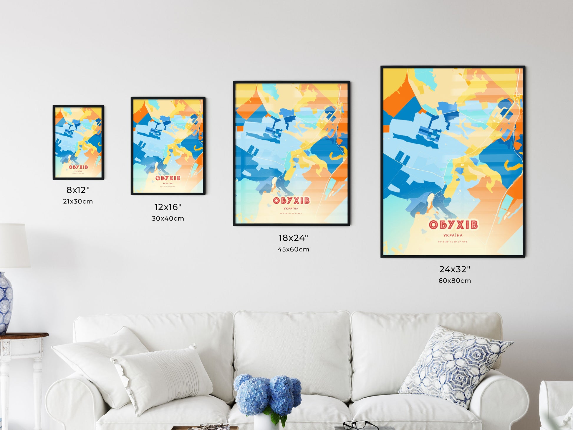 Colorful OBUKHIV UKRAINE Fine Art Map Blue Orange