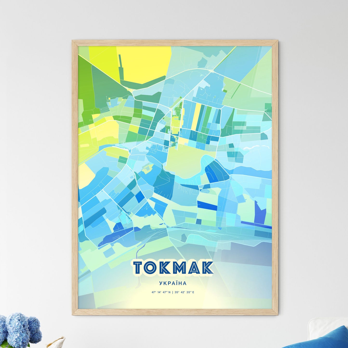 Colorful TOKMAK UKRAINE Fine Art Map Cool Blue