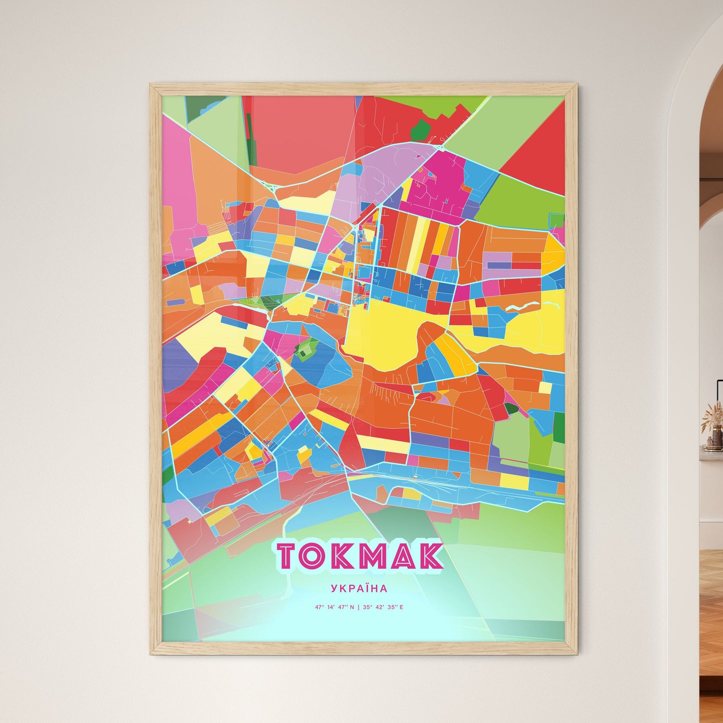 Colorful TOKMAK UKRAINE Fine Art Map Crazy Colors