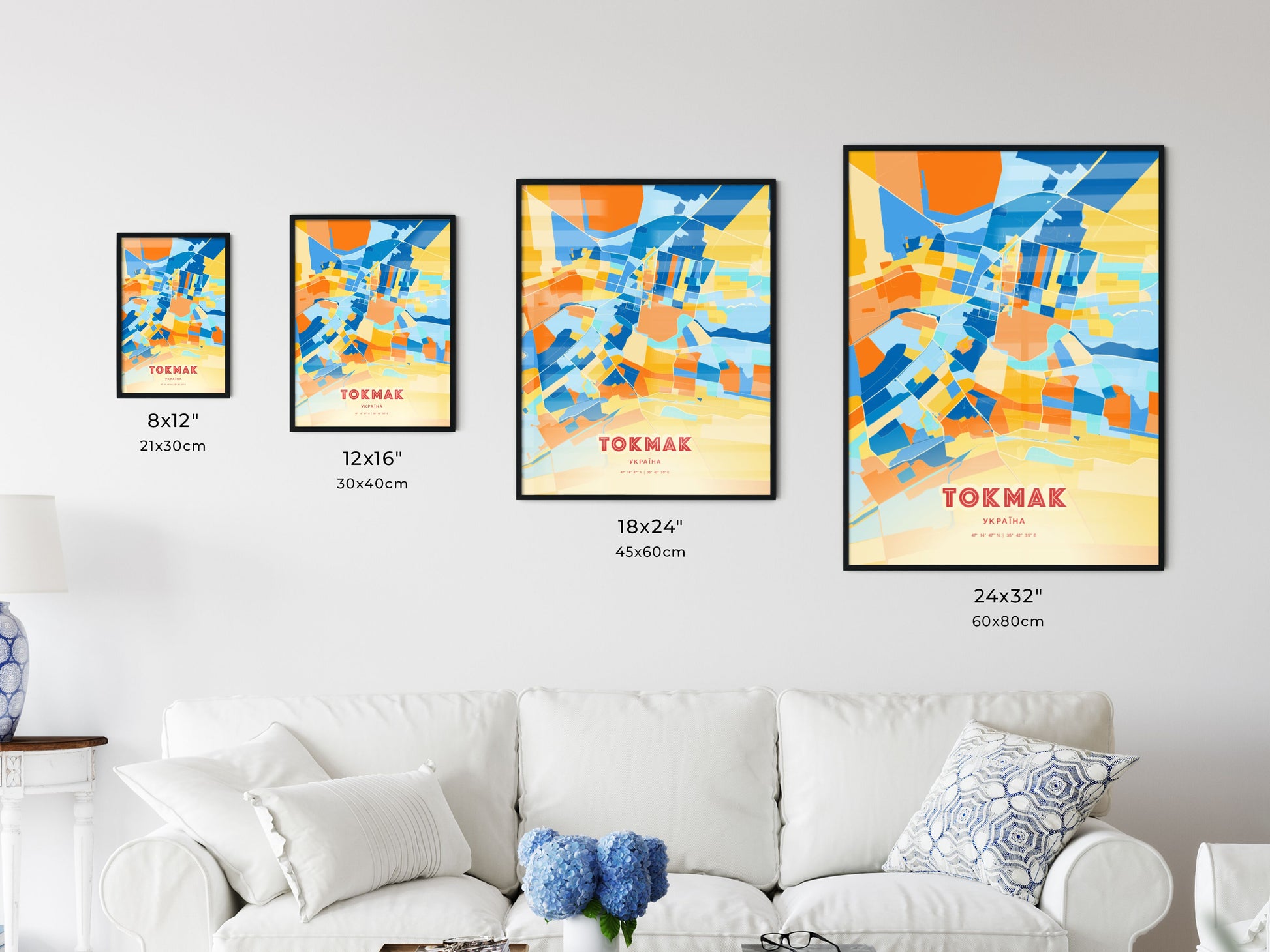 Colorful TOKMAK UKRAINE Fine Art Map Blue Orange