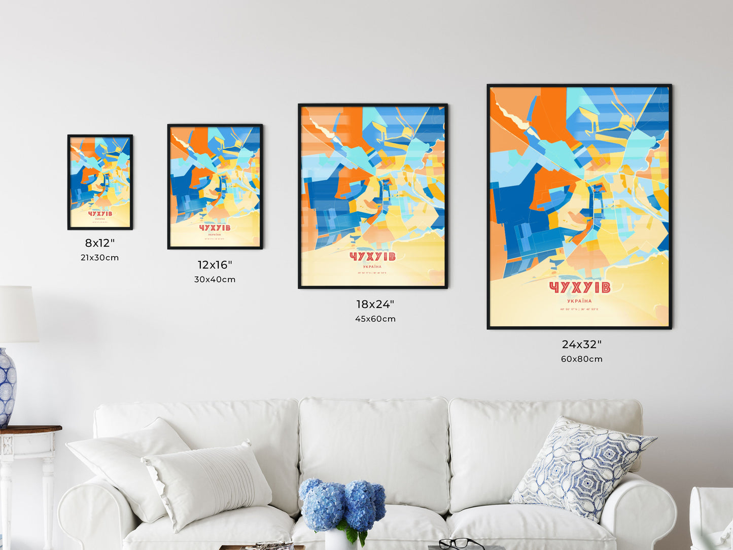 Colorful CHUHUIV UKRAINE Fine Art Map Blue Orange