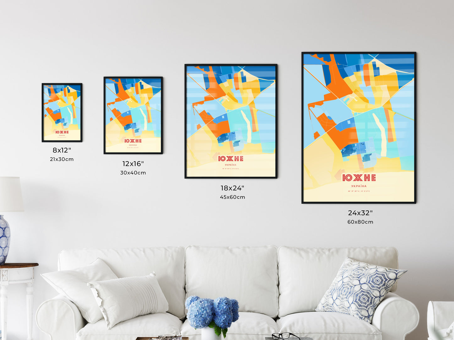 Colorful YUZHNE UKRAINE Fine Art Map Blue Orange