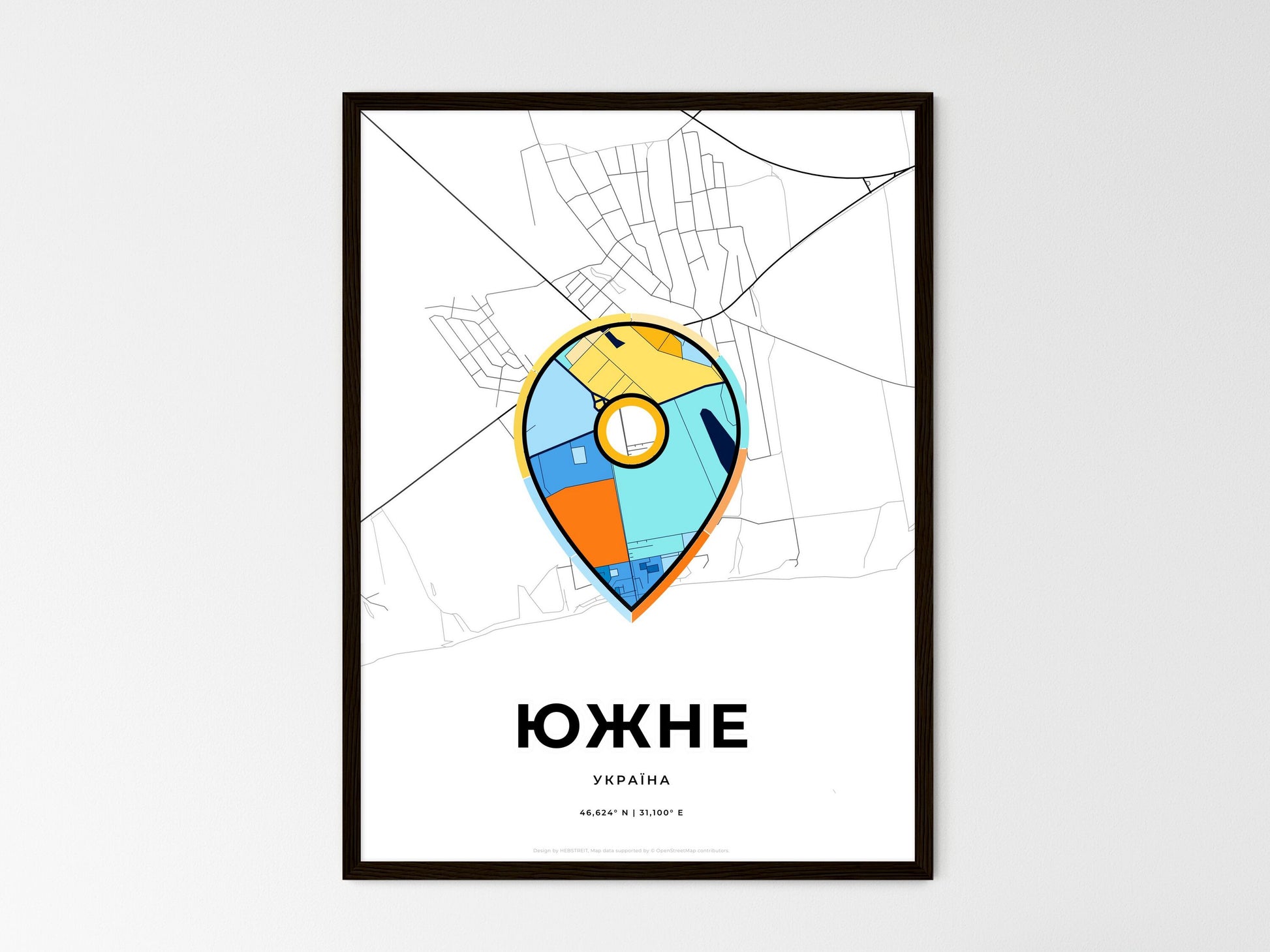 Yuzhne Ukraine wedding art map with pointer icon