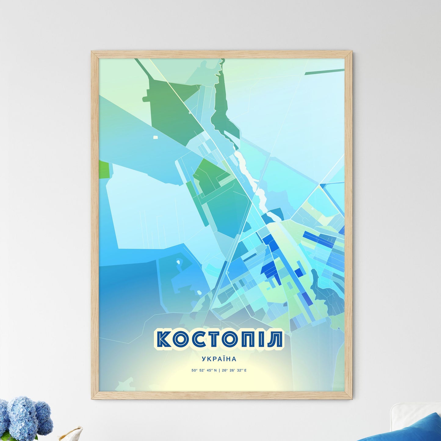 Colorful KOSTOPIL UKRAINE Fine Art Map Cool Blue