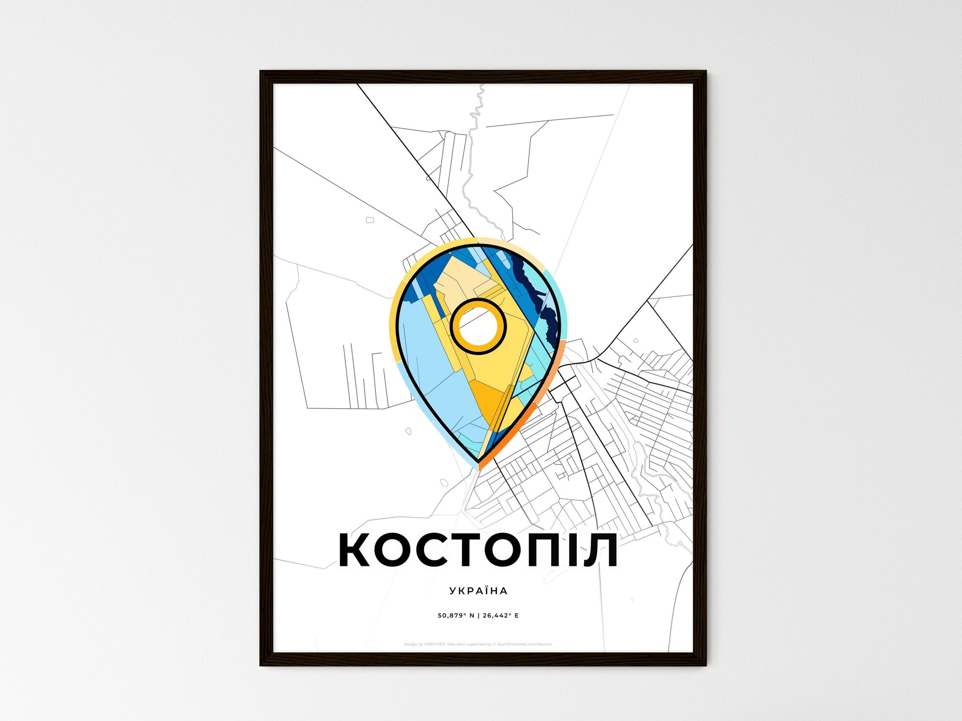 Kostopil Ukraine wedding art map with pointer icon