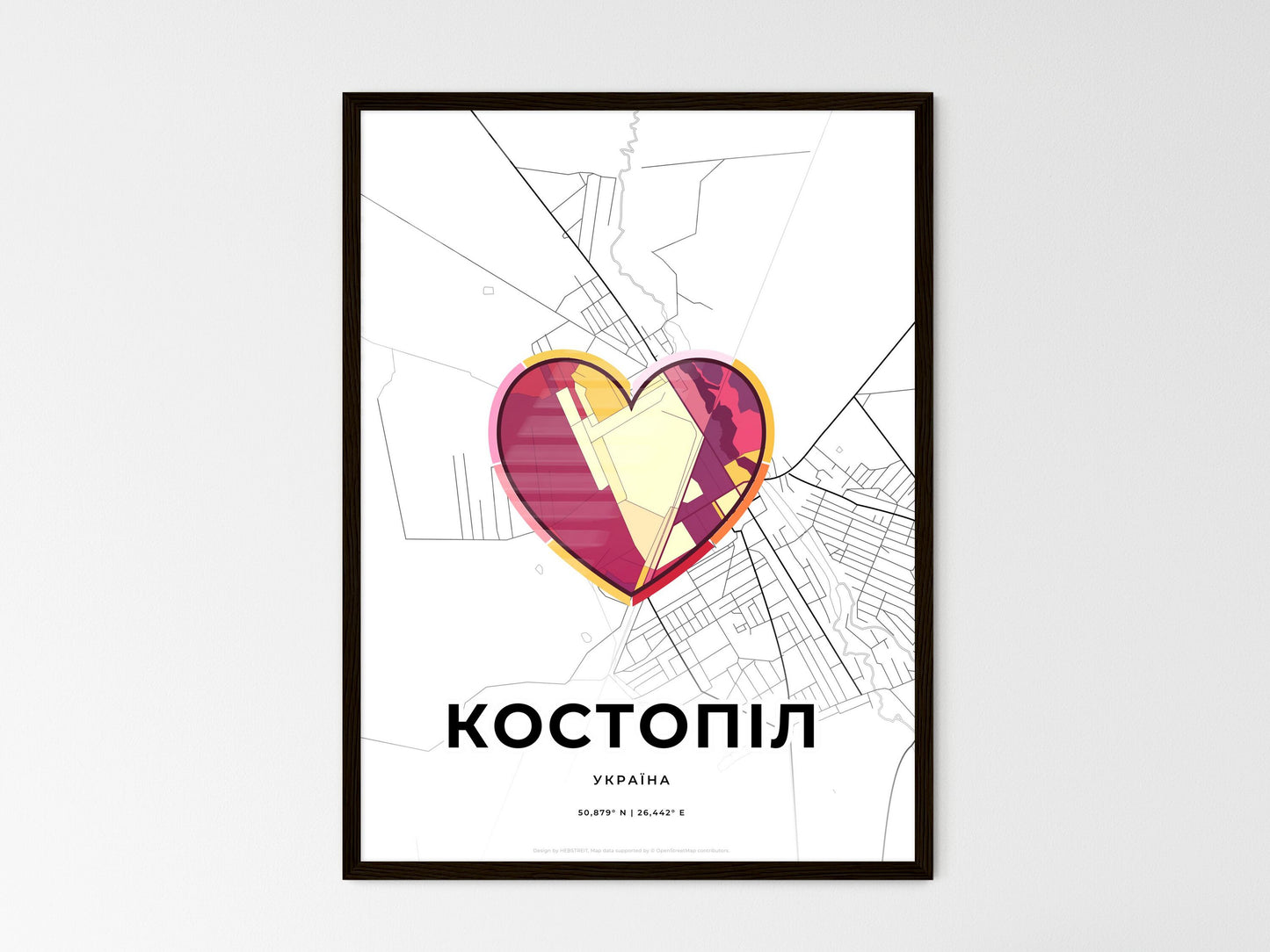 Kostopil Ukraine wedding art map with heart icon