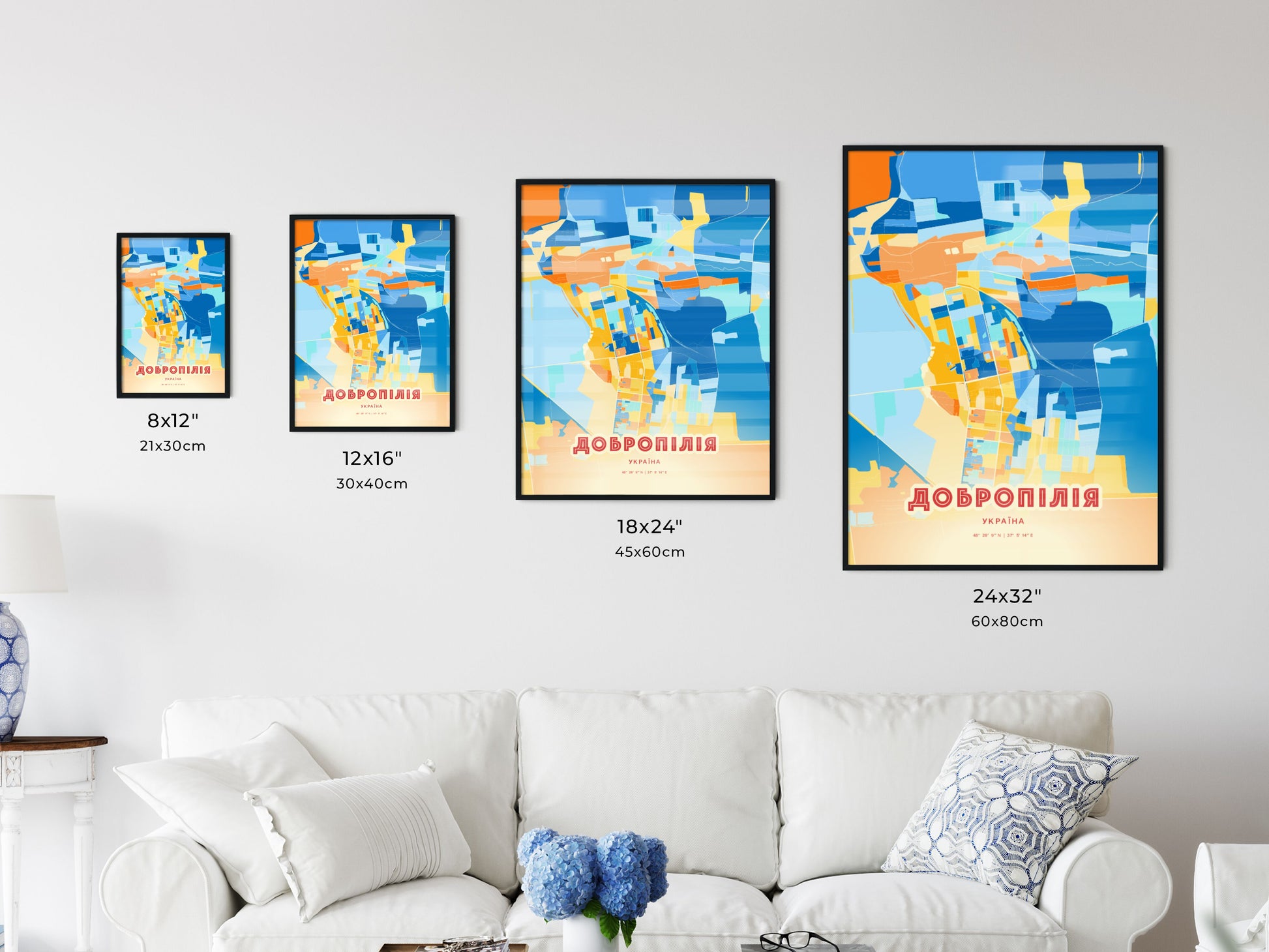 Colorful DOBROPILLIA UKRAINE Fine Art Map Blue Orange