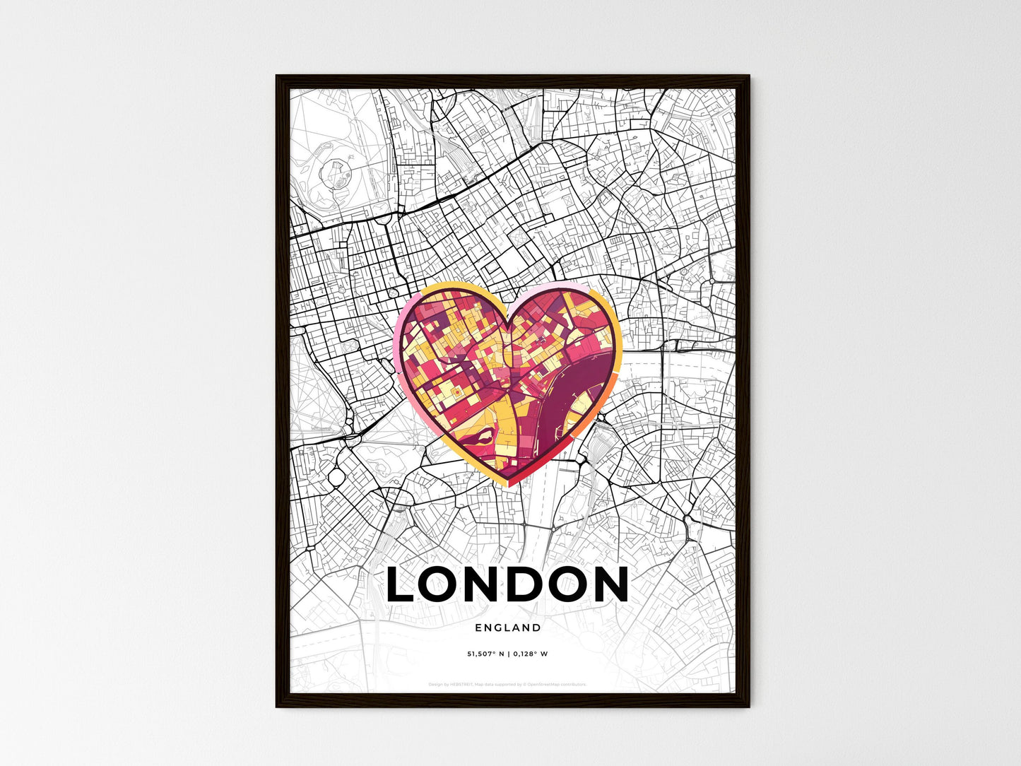London England wedding art map with heart icon