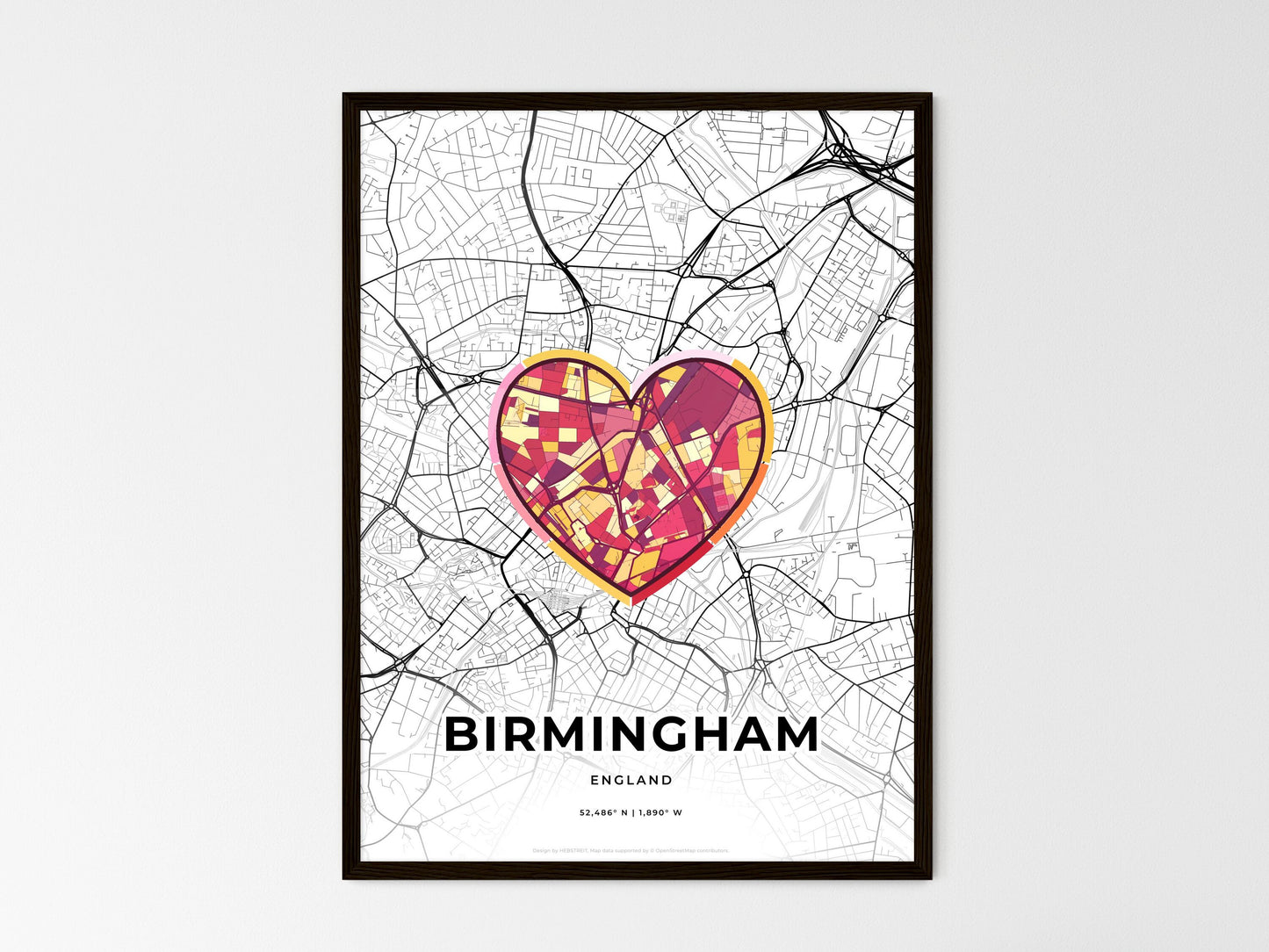 Birmingham England wedding art map with heart icon