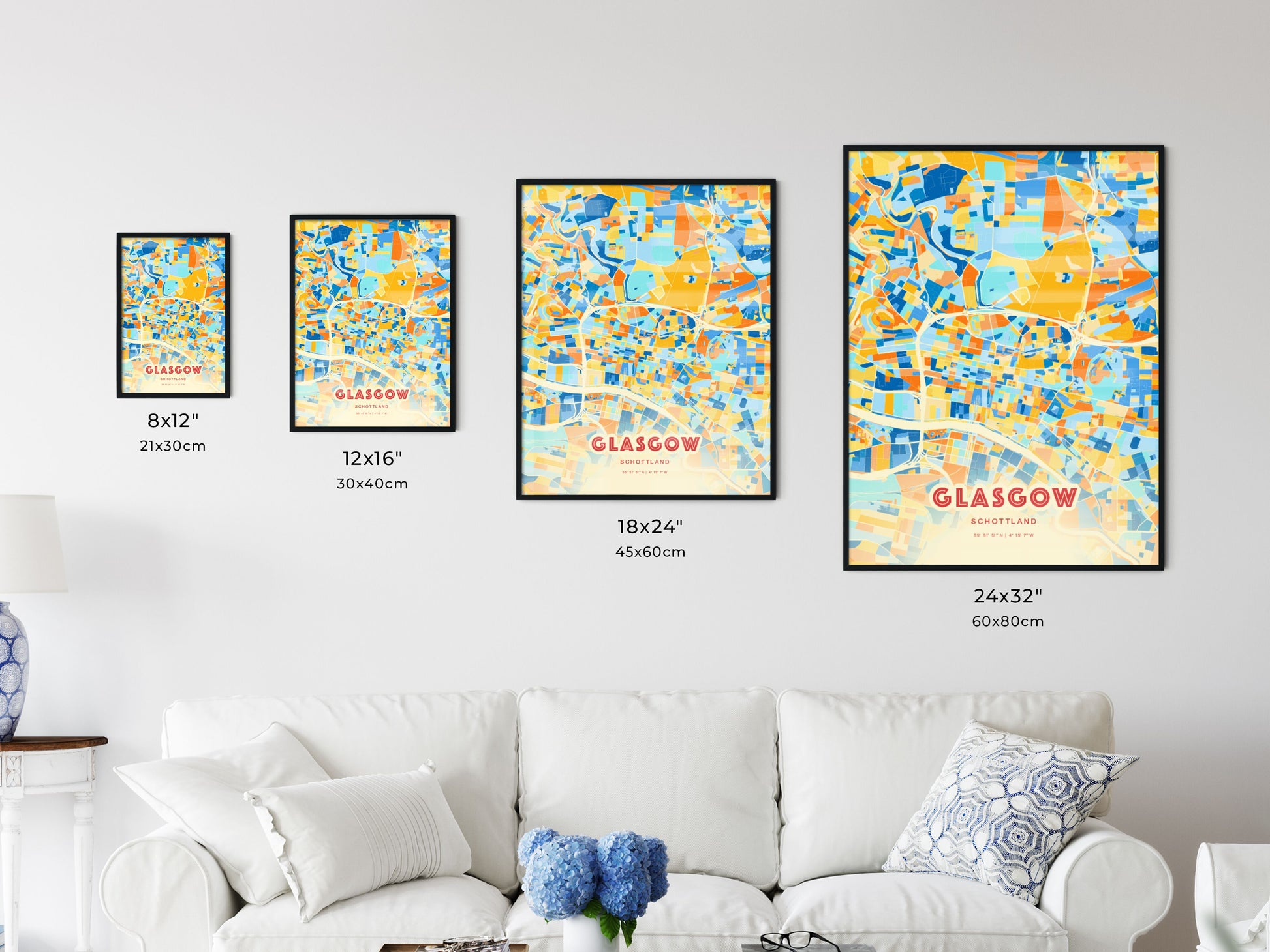 Colorful GLASGOW SCOTLAND Fine Art Map Blue Orange