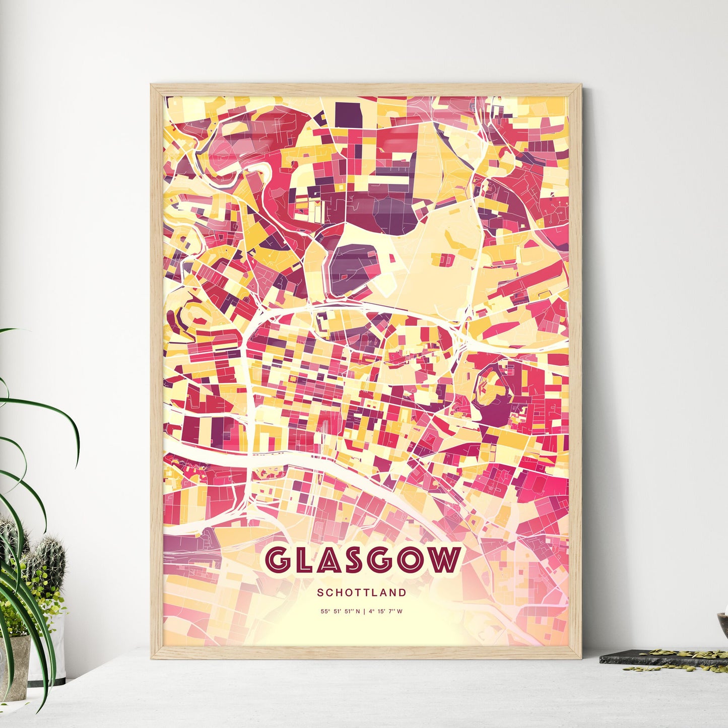 Colorful GLASGOW SCOTLAND Fine Art Map Hot Red