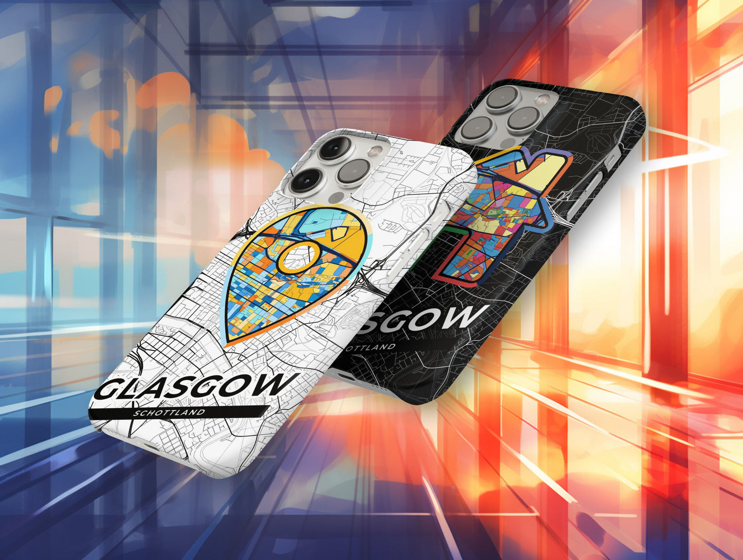 Glasgow Scotland slim phone case with colorful icon. Birthday, wedding or housewarming gift. Couple match cases.