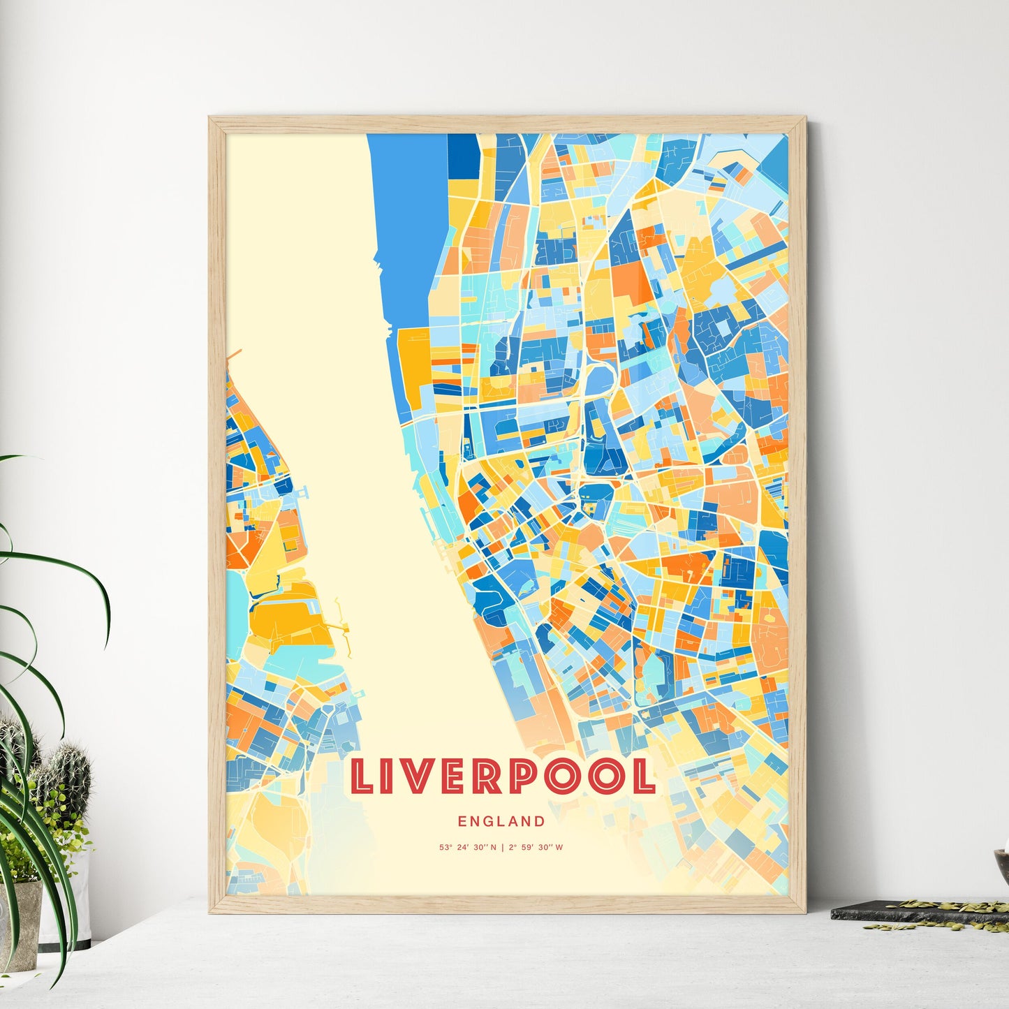 Colorful Liverpool England Fine Art Map Blue Orange