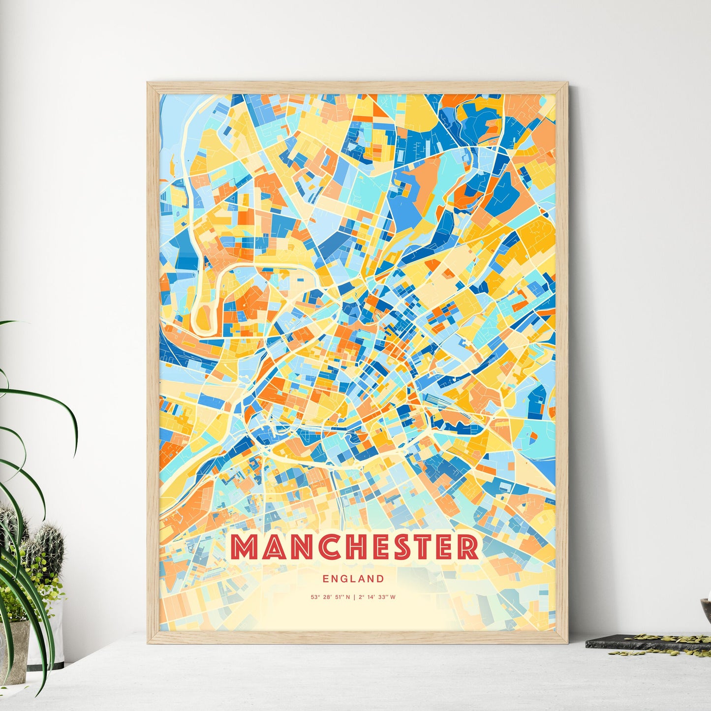 Colorful Manchester England Fine Art Map Blue Orange