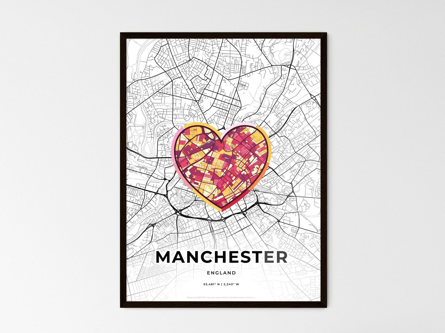 Manchester England wedding art map with heart icon