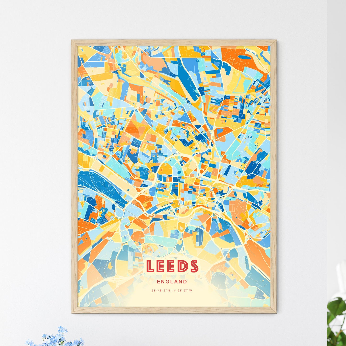 Colorful Leeds England Fine Art Map Blue Orange