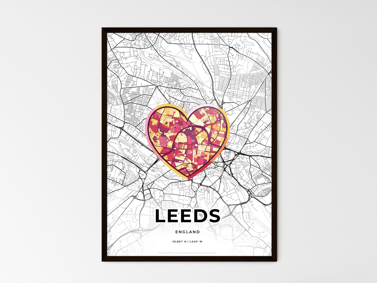 Leeds England wedding art map with heart icon