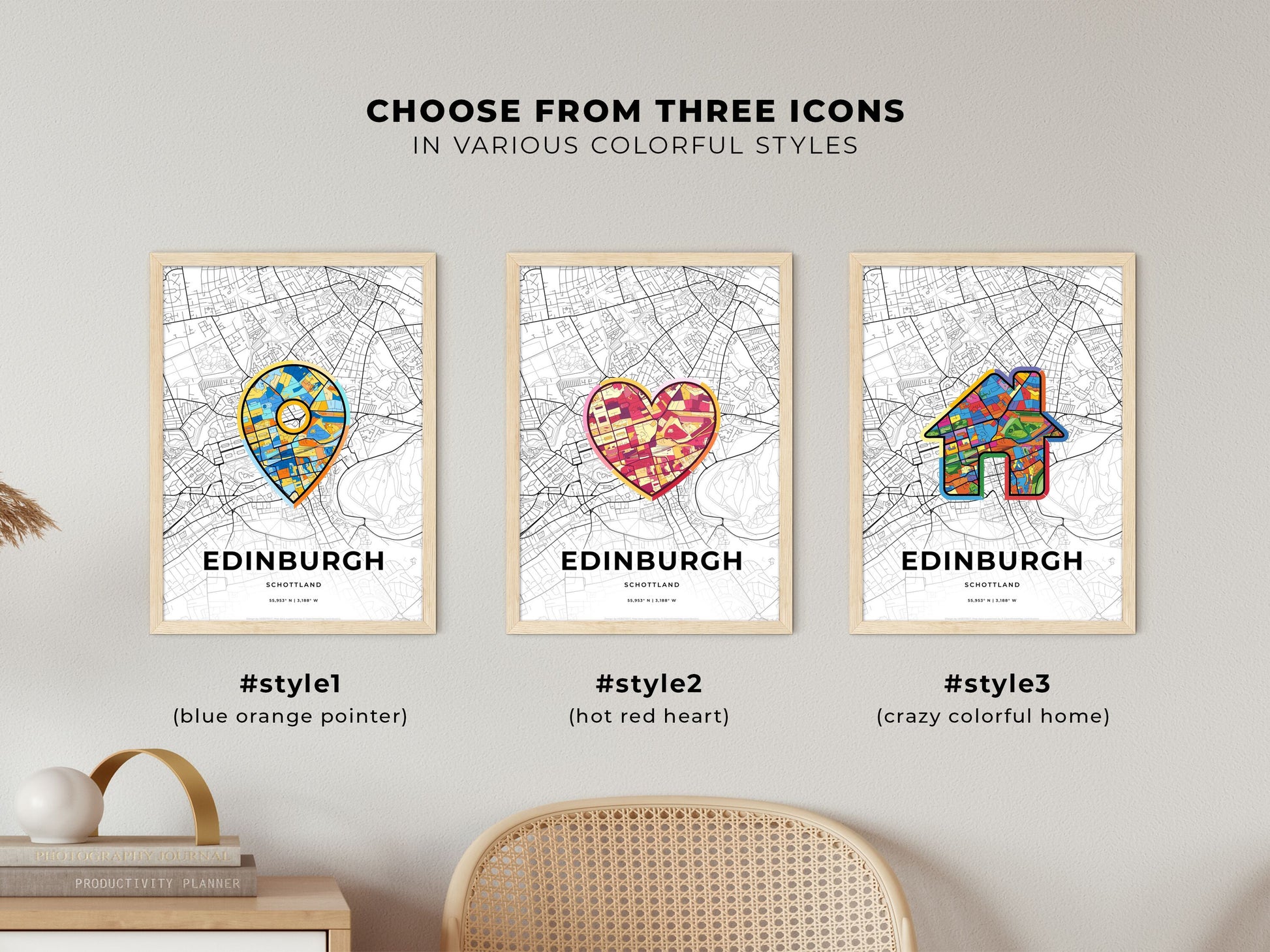 Edinburgh Scotland maps with colorful icons