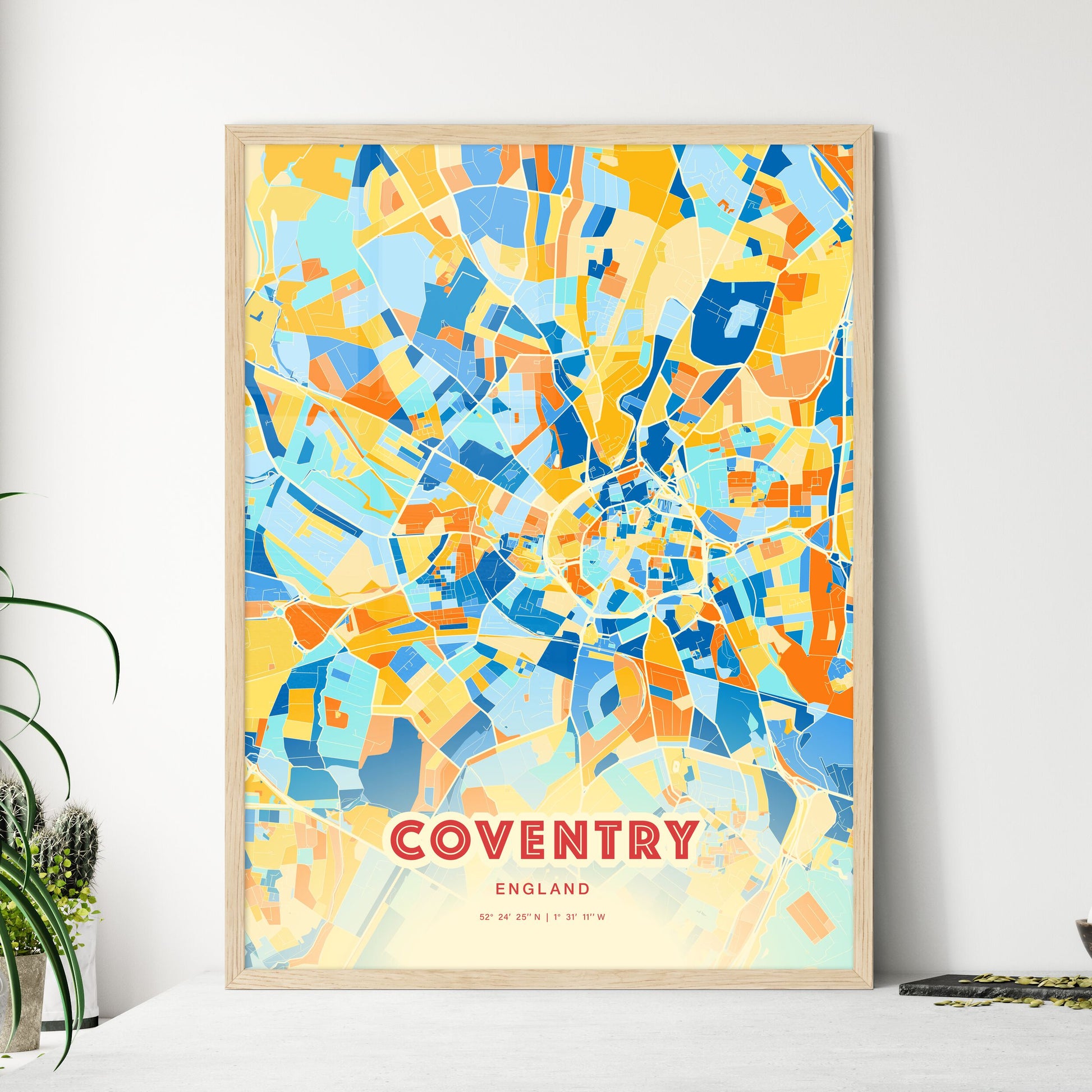 Colorful Coventry England Fine Art Map Blue Orange