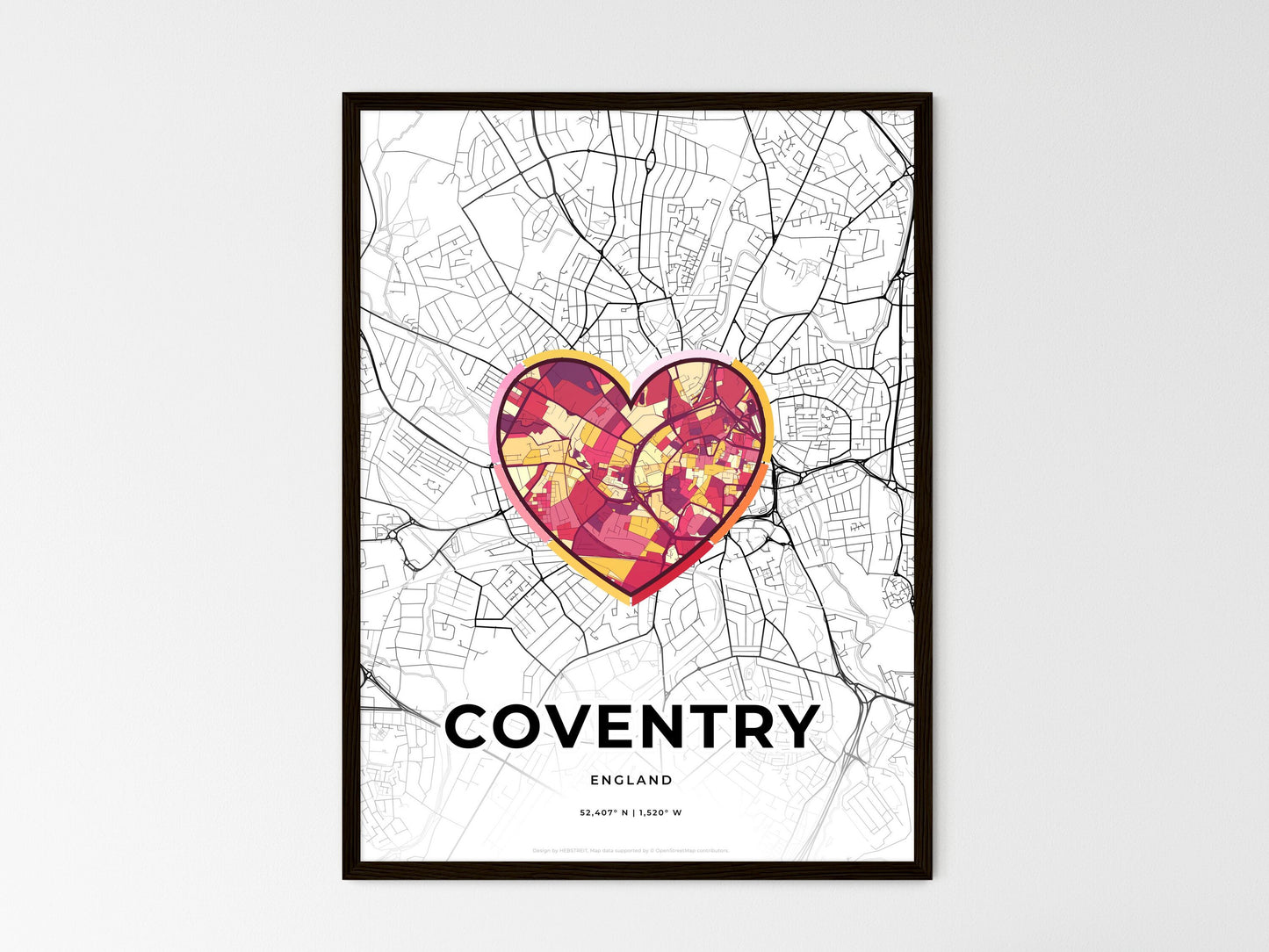 Coventry England wedding art map with heart icon
