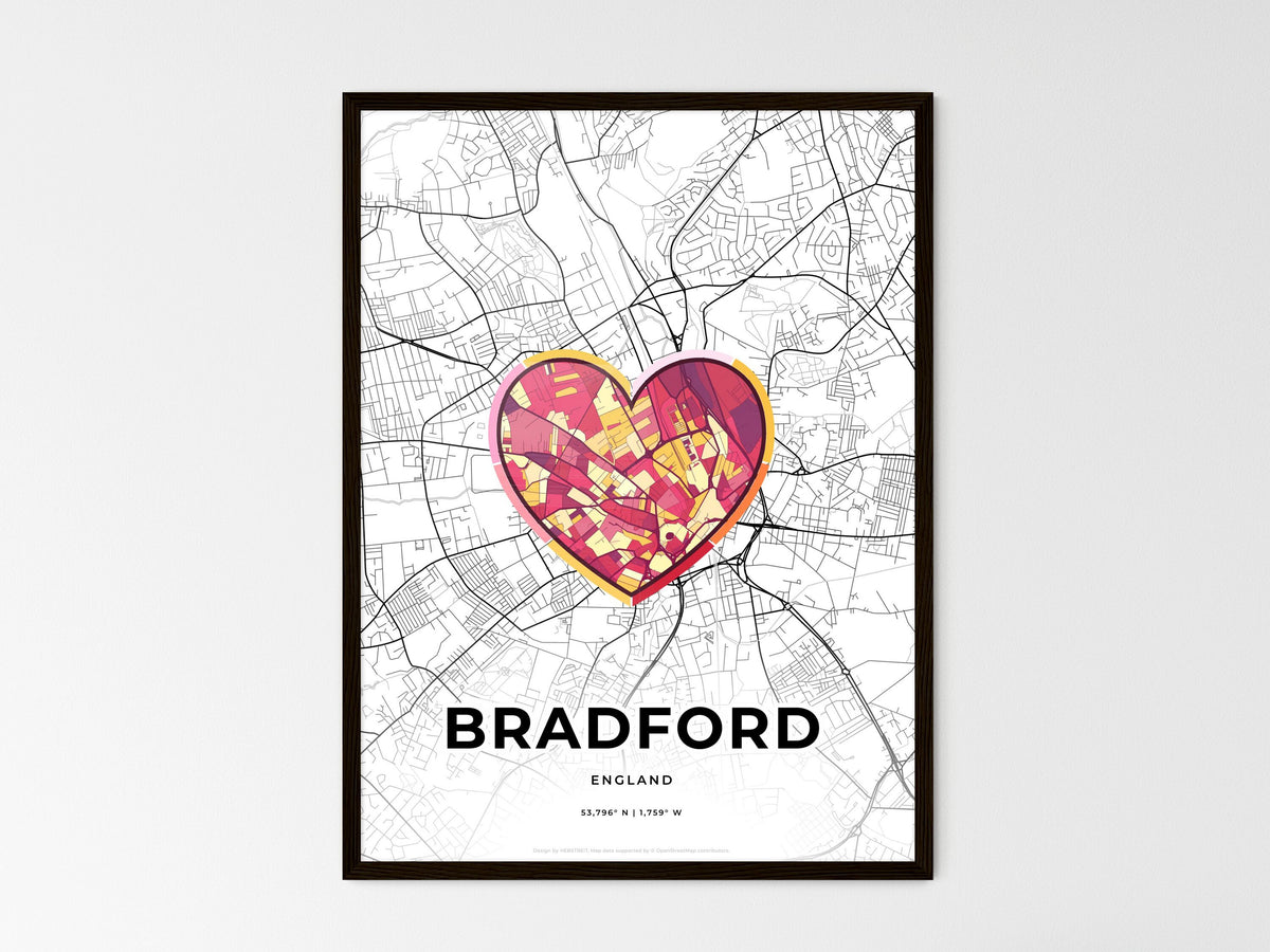 Bradford England wedding art map with heart icon