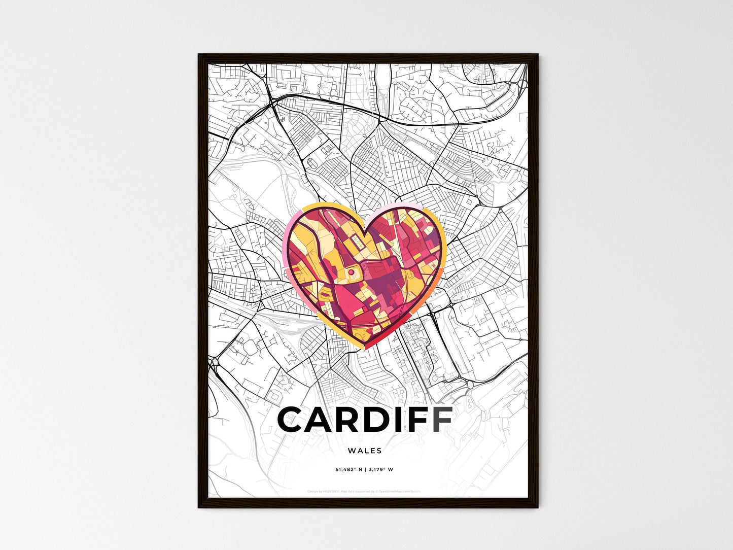 Cardiff Wales wedding art map with heart icon