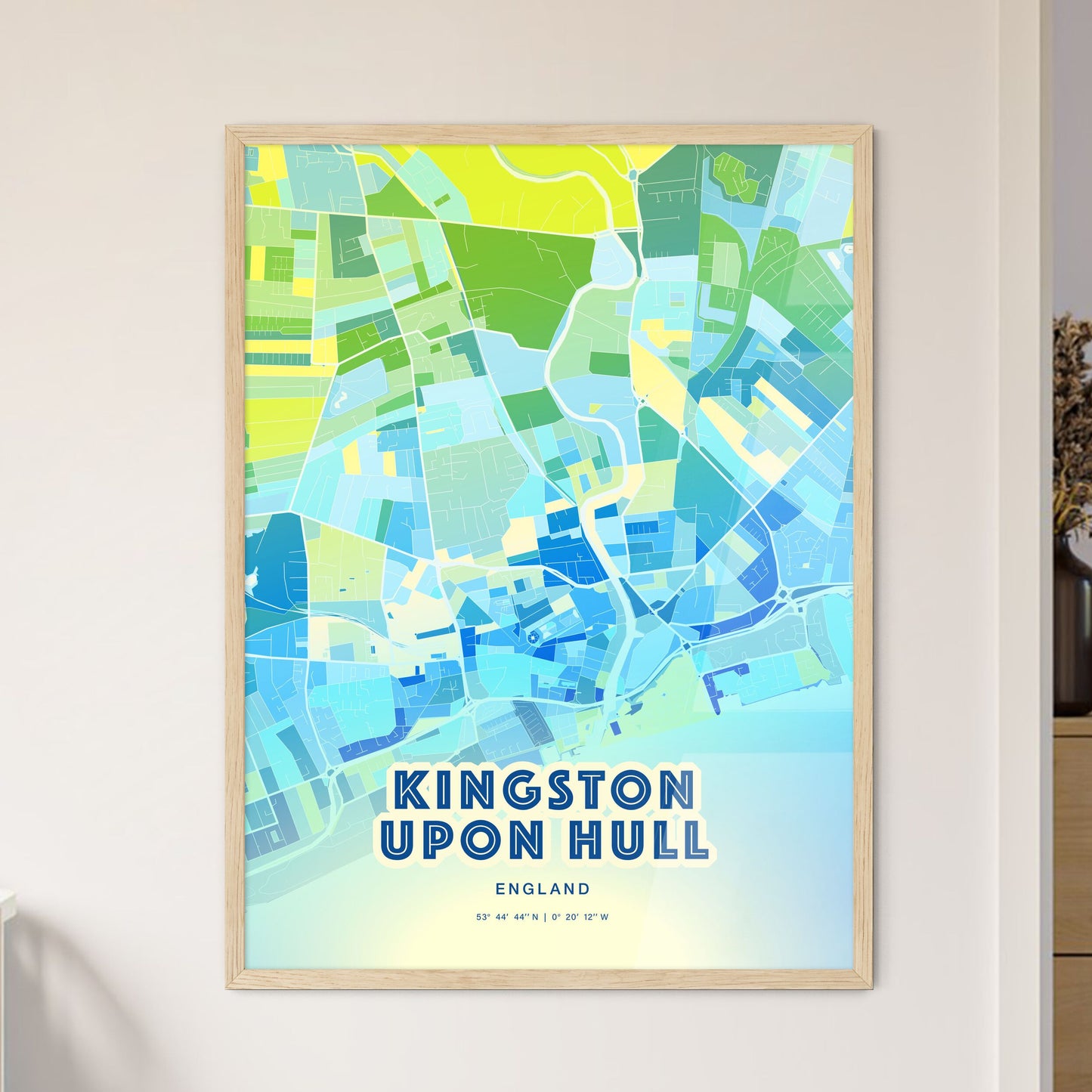 Colorful KINGSTON UPON HULL ENGLAND Fine Art Map Cool Blue