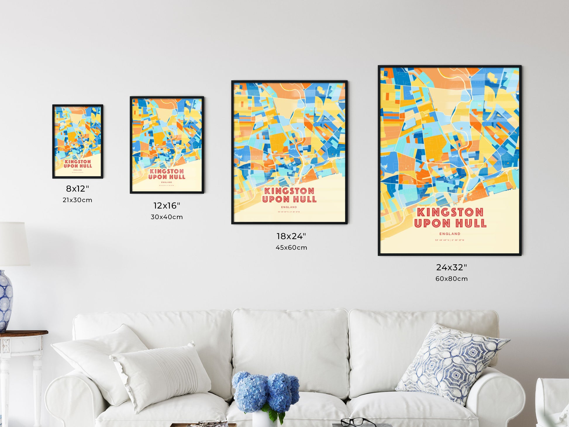 Colorful KINGSTON UPON HULL ENGLAND Fine Art Map Blue Orange