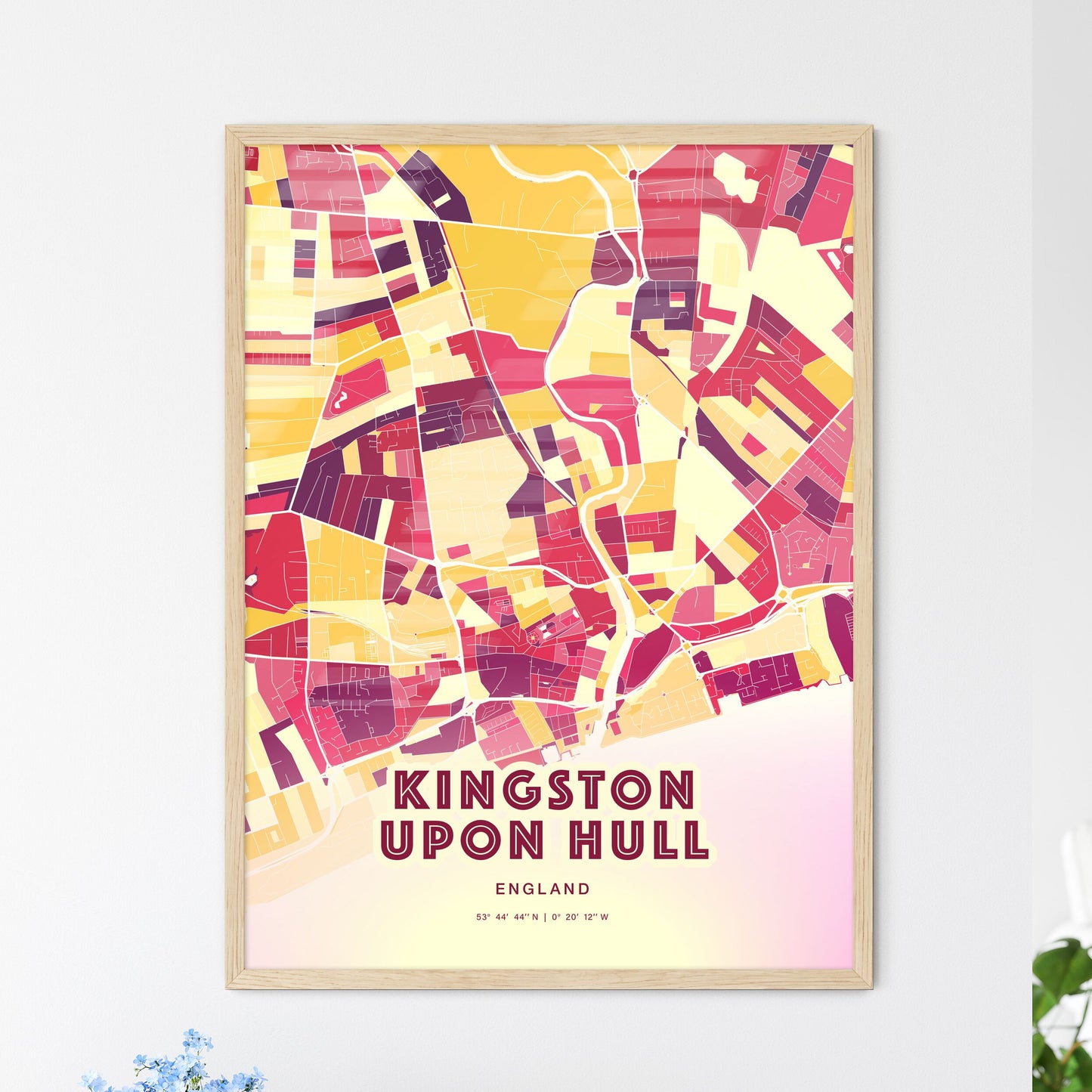 Colorful KINGSTON UPON HULL ENGLAND Fine Art Map Hot Red