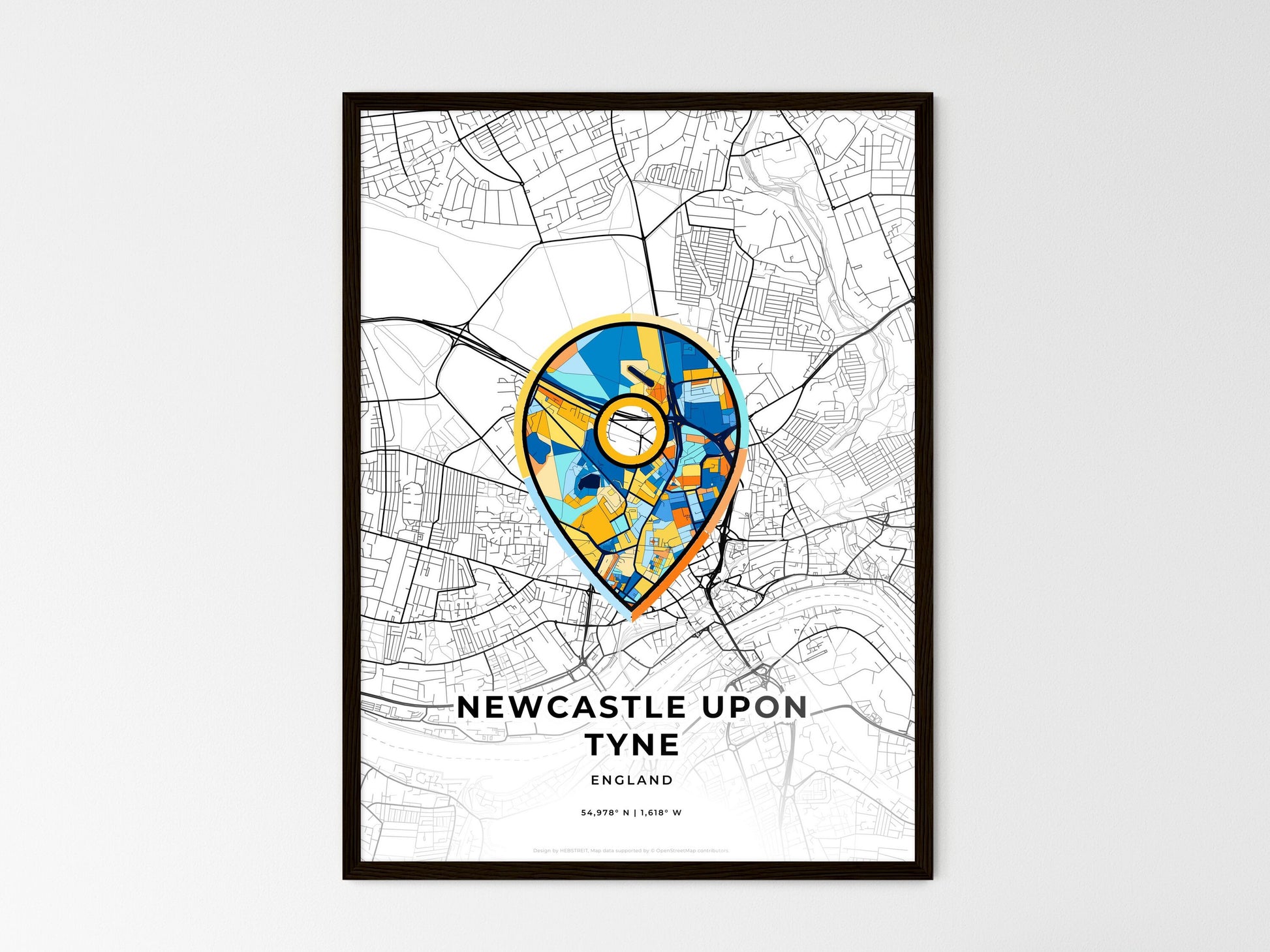 Newcastle Upon Tyne England wedding art map with pointer icon