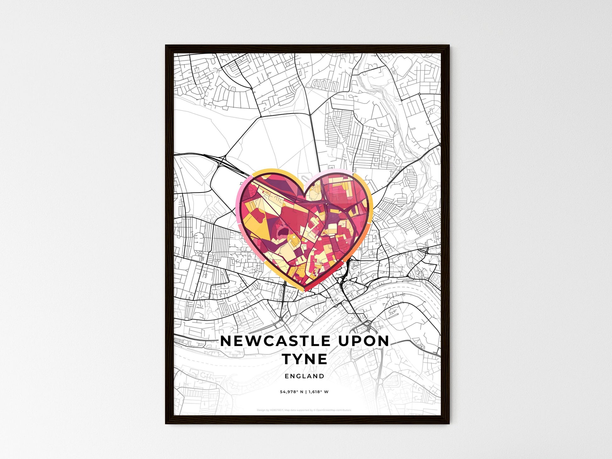 Newcastle Upon Tyne England wedding art map with heart icon