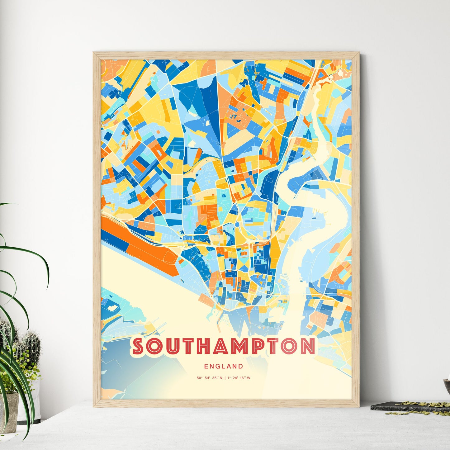 Colorful Southampton England Fine Art Map Blue Orange