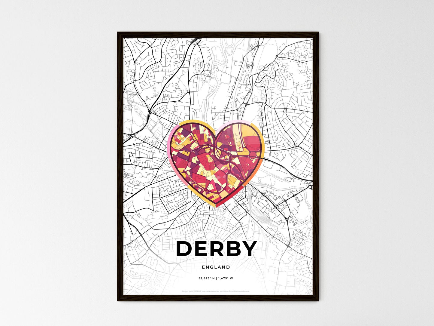 Derby England wedding art map with heart icon