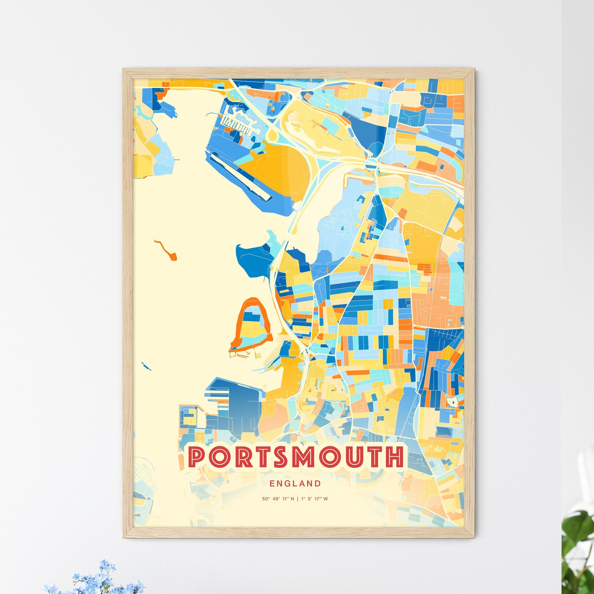 Colorful Portsmouth England Fine Art Map Blue Orange