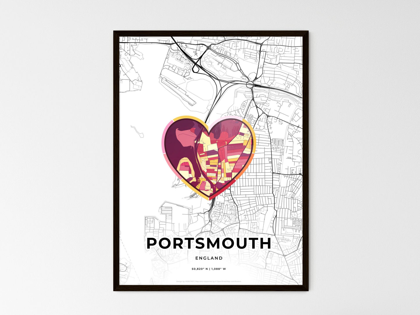 Portsmouth England wedding art map with heart icon