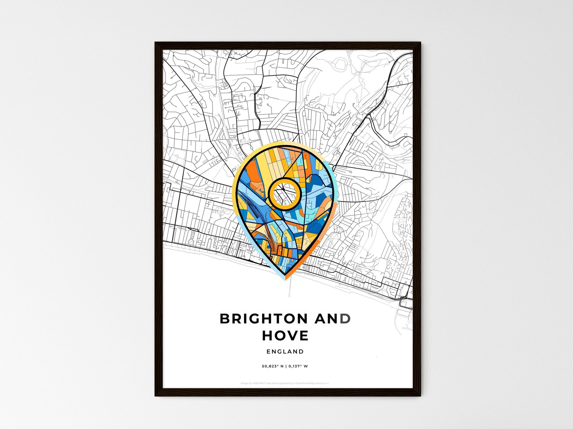 Brighton And Hove England wedding art map with pointer icon