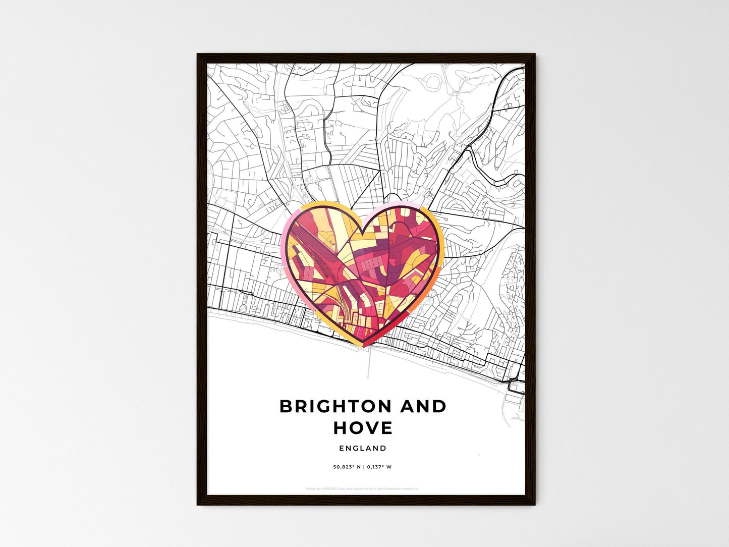 Brighton And Hove England wedding art map with heart icon