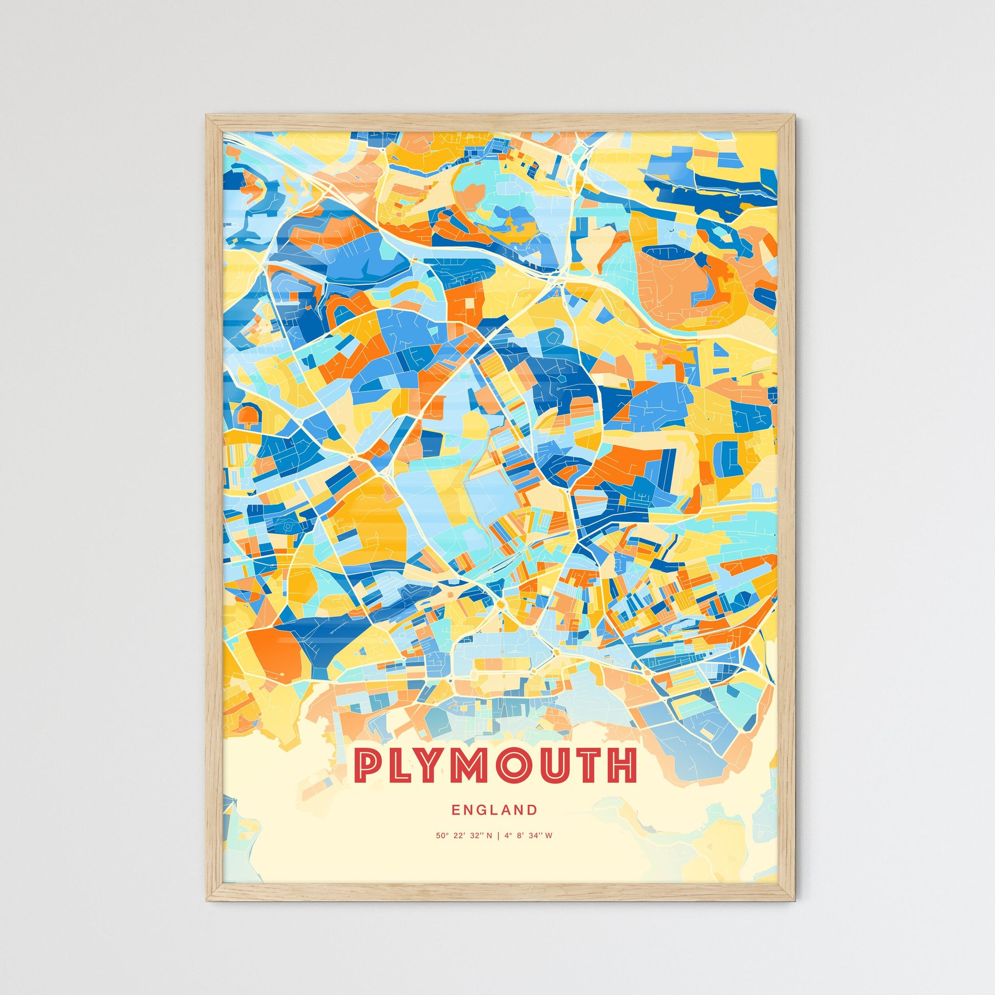 Colorful Plymouth England Fine Art Map Blue Orange