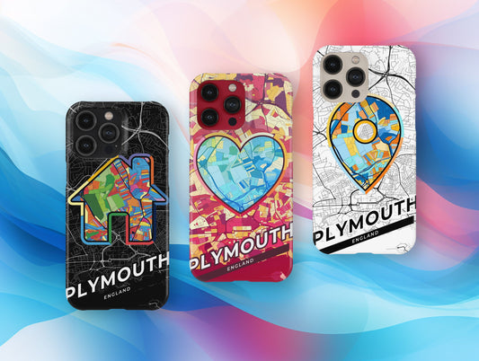 Plymouth England slim phone case with colorful icon. Birthday, wedding or housewarming gift. Couple match cases.