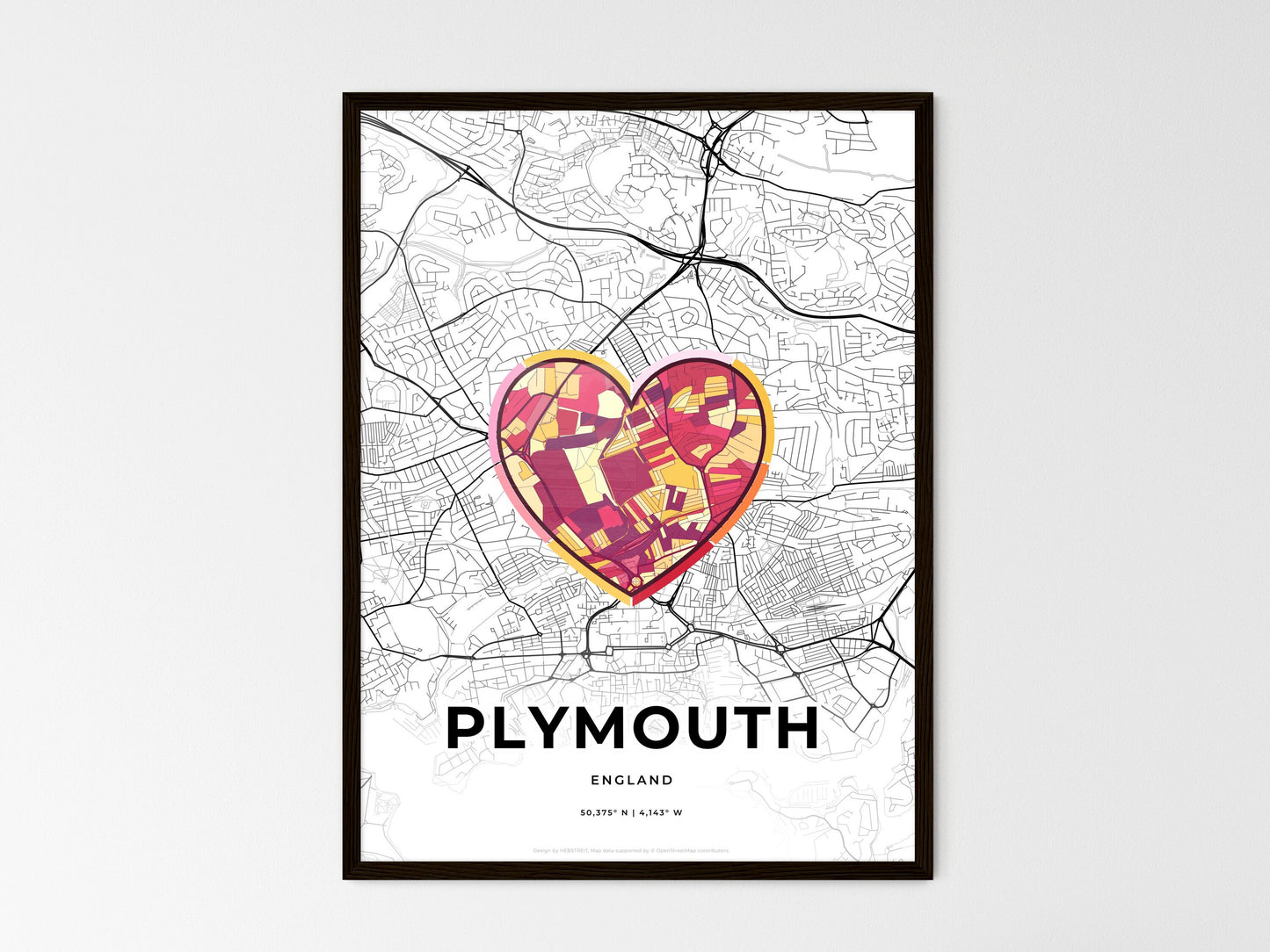 Plymouth England wedding art map with heart icon