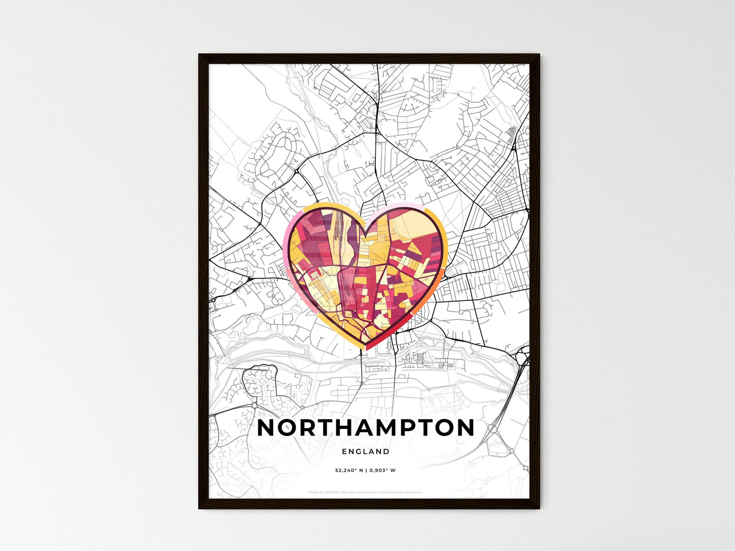 Northampton England wedding art map with heart icon