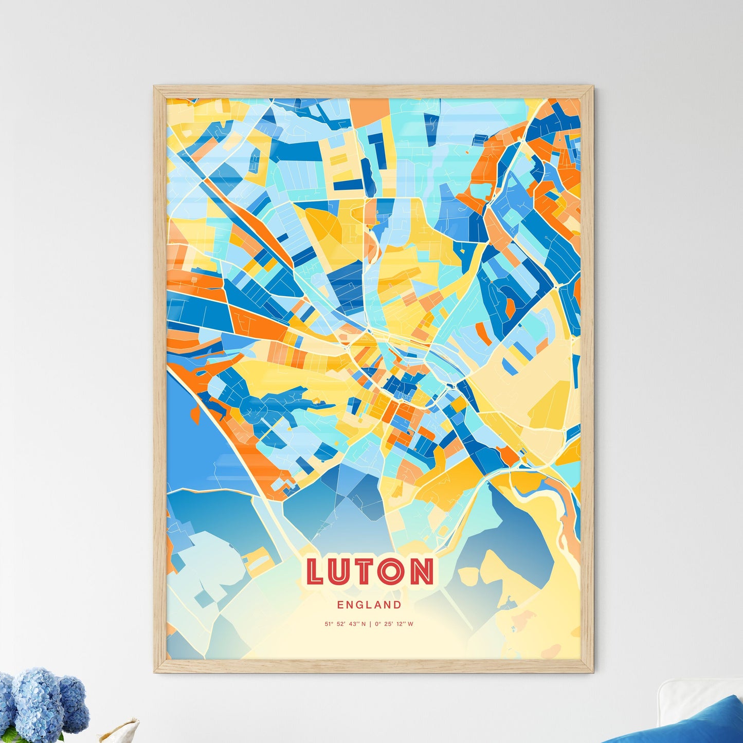 Colorful Luton England Fine Art Map Blue Orange