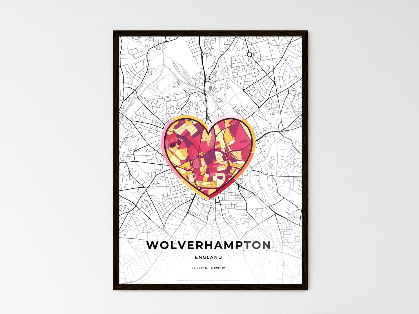 Wolverhampton England wedding art map with heart icon