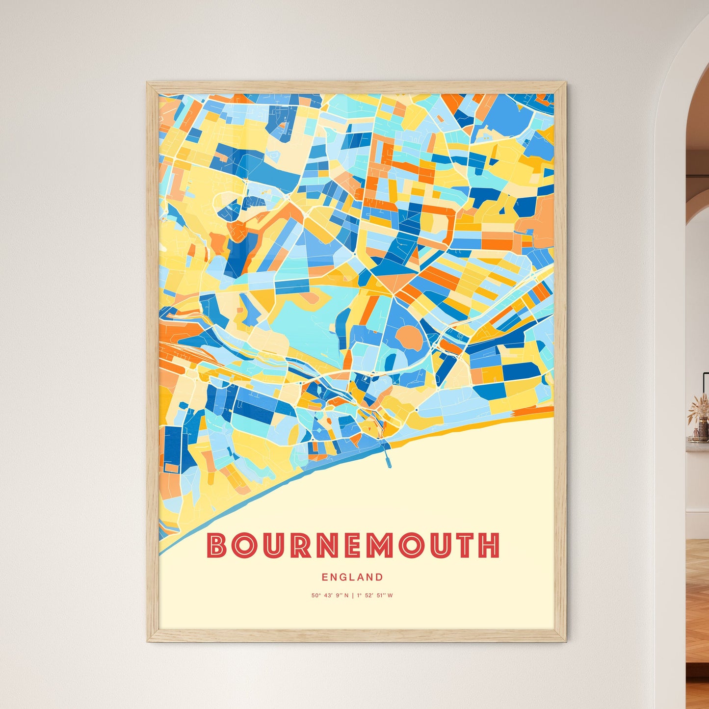 Colorful Bournemouth England Fine Art Map Blue Orange