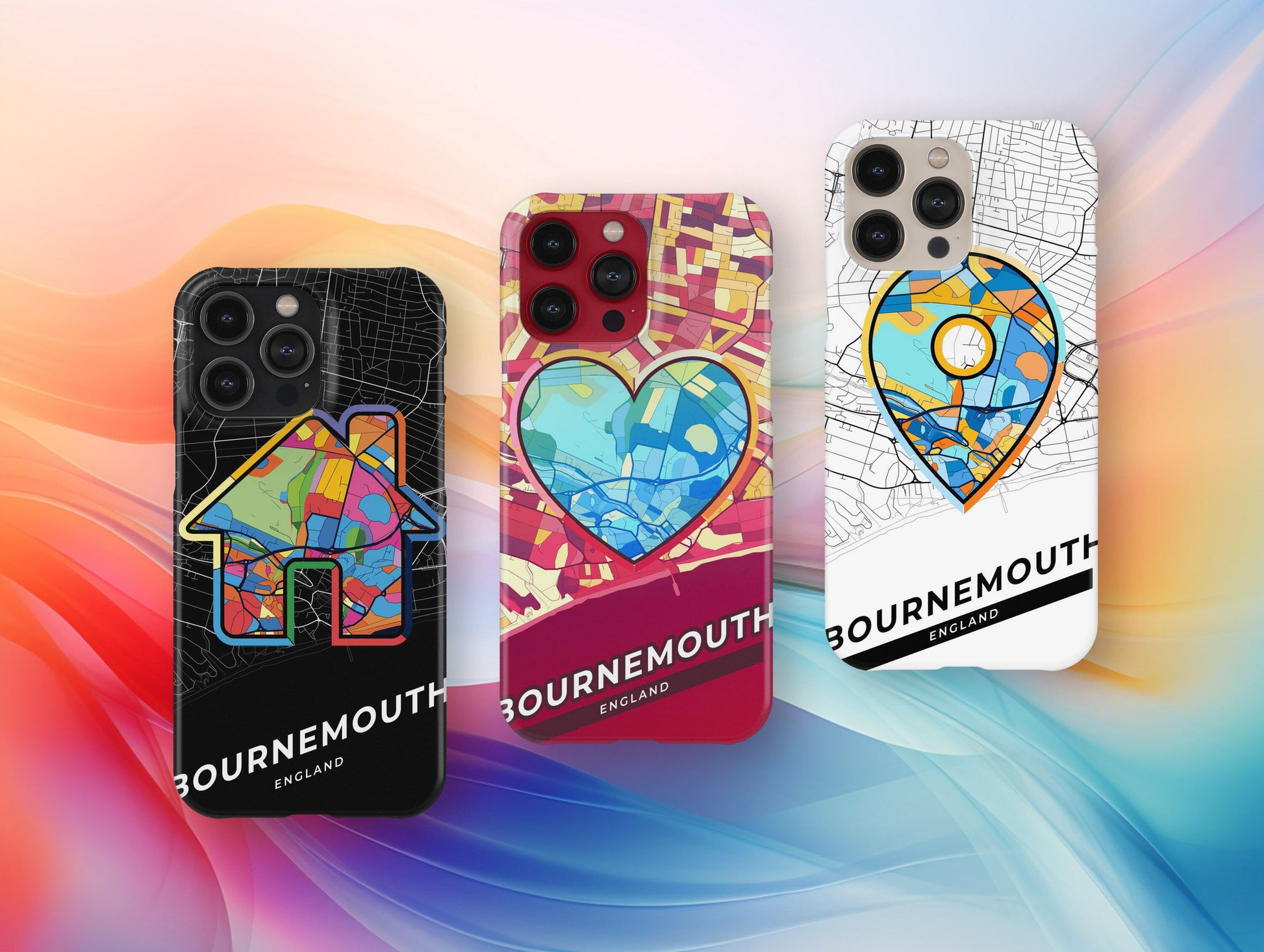 Bournemouth England slim phone case with colorful icon. Birthday, wedding or housewarming gift. Couple match cases.