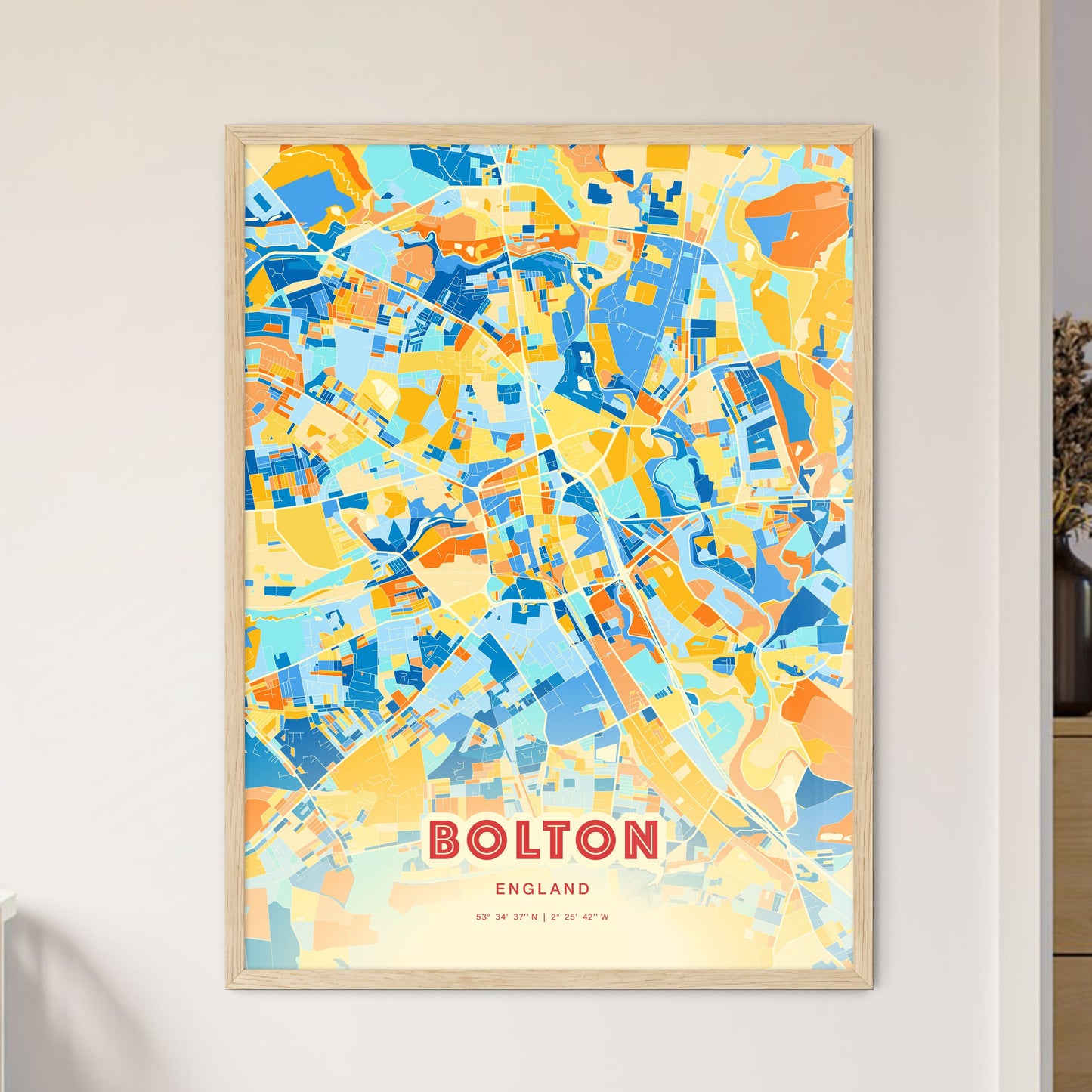 Colorful Bolton England Fine Art Map Blue Orange