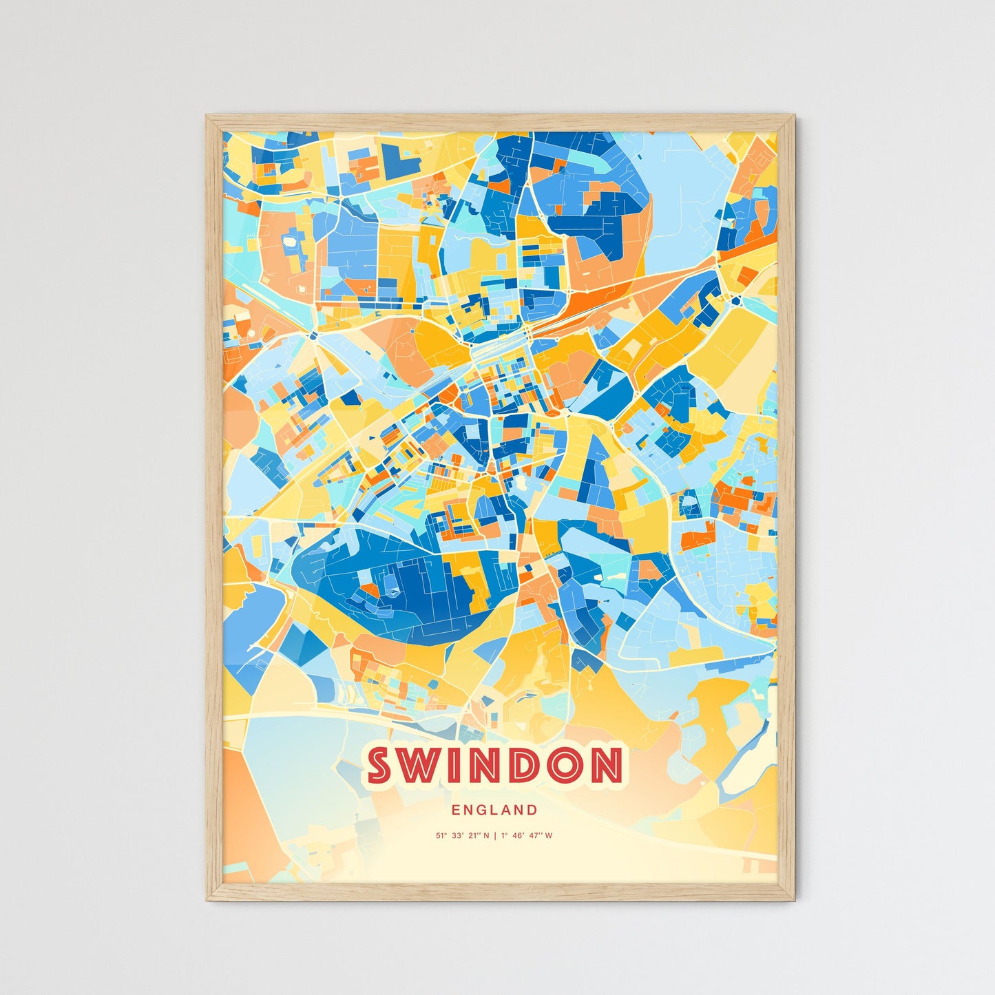 Colorful Swindon England Fine Art Map Blue Orange